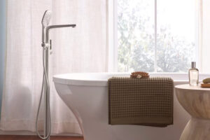 Gerber Introduces Transitional Floor Mount Tub Filler Trim Kit with Soft Square Handshower